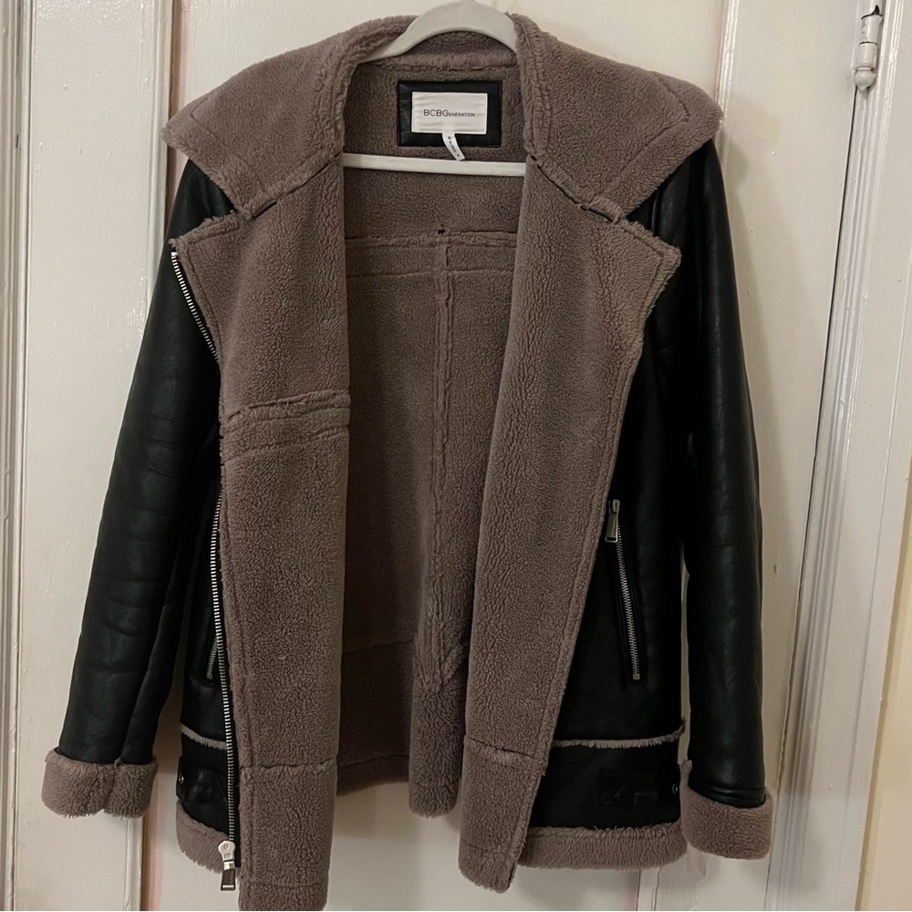 BCBG Fur Lined Leather Jacket Vegan Faux Vintage Y2K Asymmetrical Zip Up Sherpa